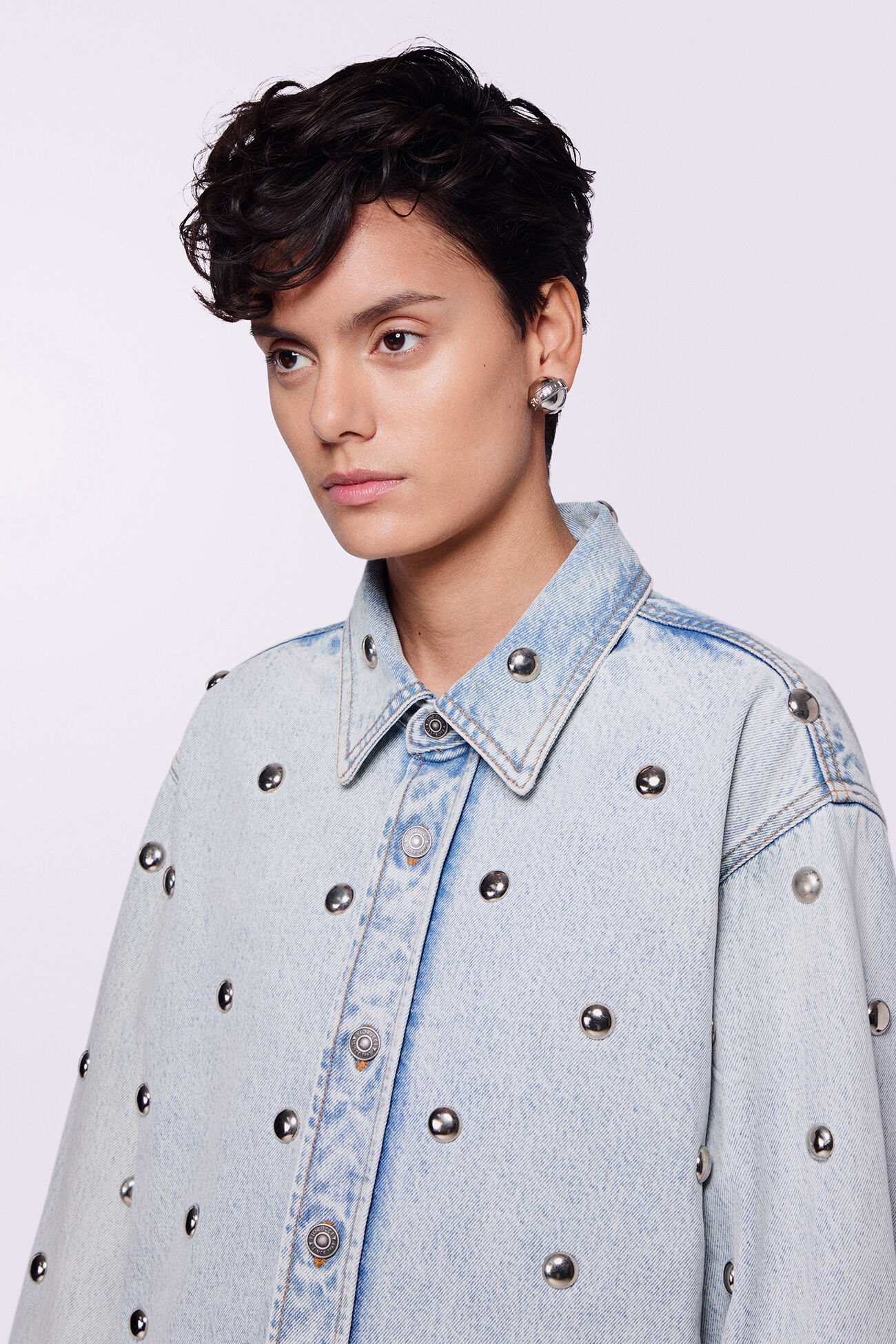 Unisex Stud Denim Overshirt Bleach Blue